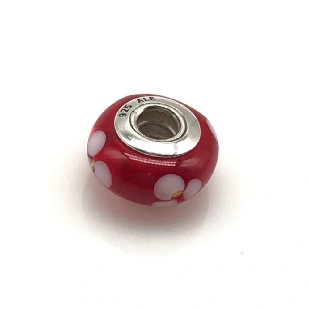 Pandora Red White Flower Murano Glass Retired Bead Charm